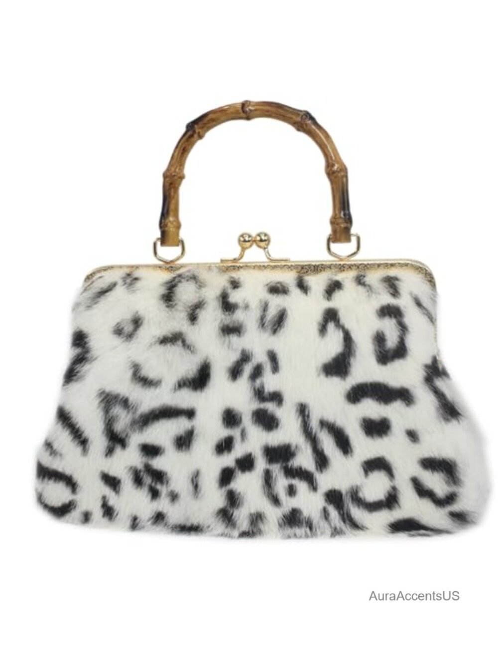 Genuine Rabbit Fur Leopard Print Kisslock Handbag with Bamboo Handle
